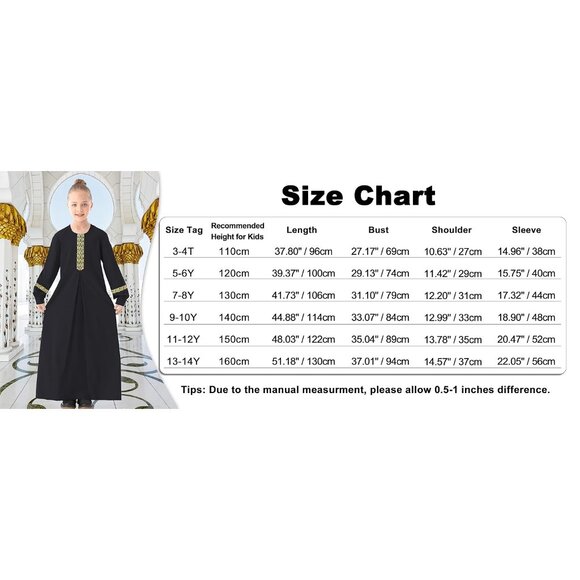 Abetteric Kids Girls Long Sleeve Abaya Dress Muslim Islamic Kaftan Printed Maxi - Picture 7 of 14